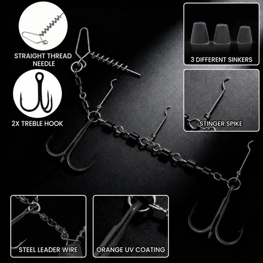 9KM Fishing Stinger Rig Treble Hook with Sinker Weight for Soft Bait Fishing Rig with Spring
