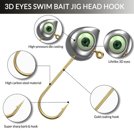 Swimbait Hook 10pcs Jig Head Hook with Luminous 3D Eyes Gold Soft Worm Hook