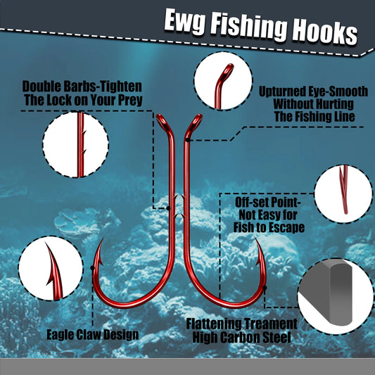 Baitholder Fishing Hooks 50-200pcs Red Double Barbed Long Shank Offset