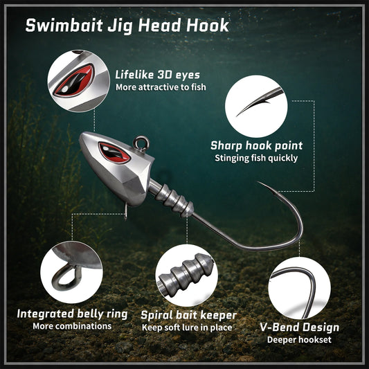 9KM Swimbati Jig Head Hook 5pcs Inshore Offshore Saltwater Jig Heads for Fishing with 3D Red Eyes Hooks