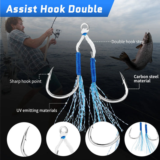 Fishing Assist Hook 10-20pcs Double Pair Barbed Hook with Blue Feather
