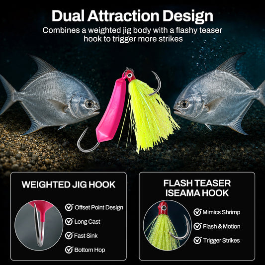 Pompano Jig with Teaser Hooks 5pcs Surf Fishing Jig Heads Saltwater Stand-Up Banana Shape Swimbait Jigs