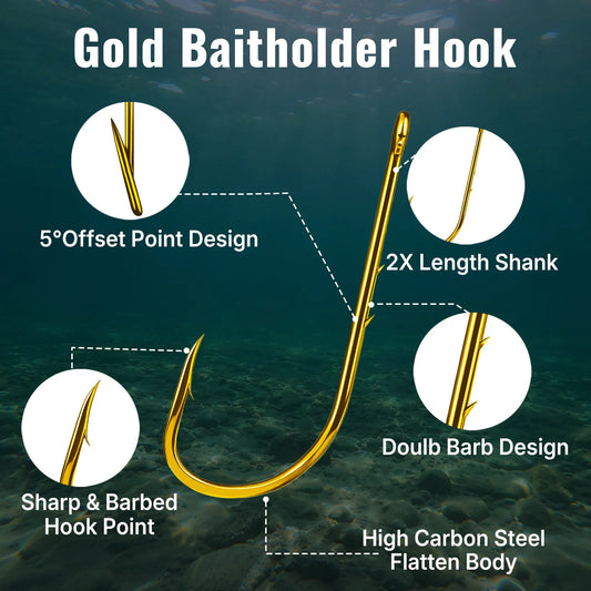 Long Shank Baitholder Hook 25-100pcs Double Barbed Gold Hook Offset Live Bait Hook