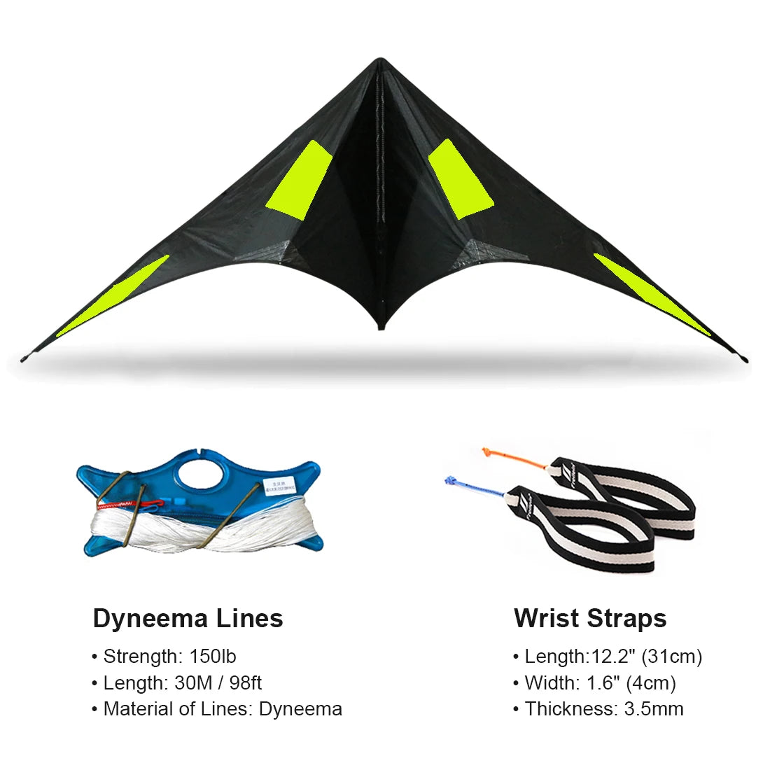 Freilein 2 Line Acrobatic Kite 2.34m Professional Blackjazz Ⅲ Stunt Kite Beach Wrist Strap + 2 x 30m x 150lb Spectra Lines + Bag