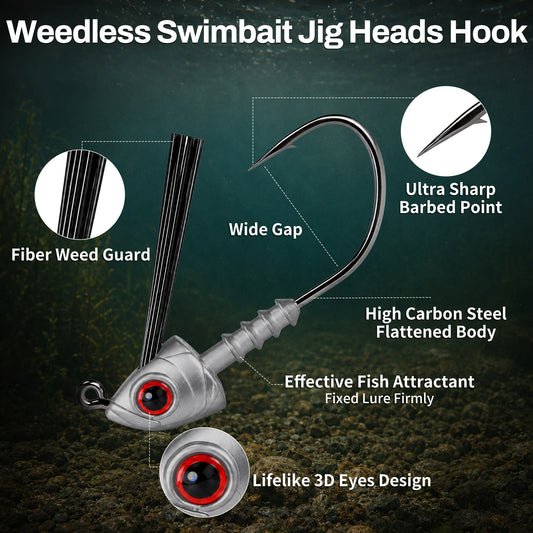 9KM Weedless Swimbait Jig Heads Hook 10pcs Swiming Jig Hook with with Fiber Weed Guard