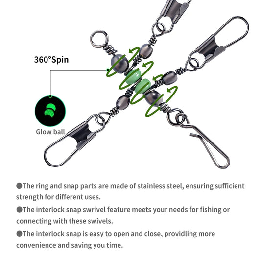 Squid Swivel with Glow Beads Luminous 10pcs 3 Way Swivel Fishing Pin Connector