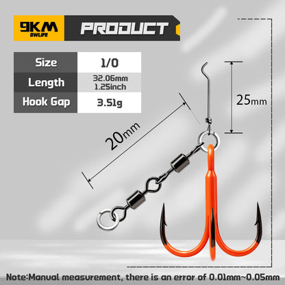 9KM Orange Treble Hooks with Snap Swivels Set
