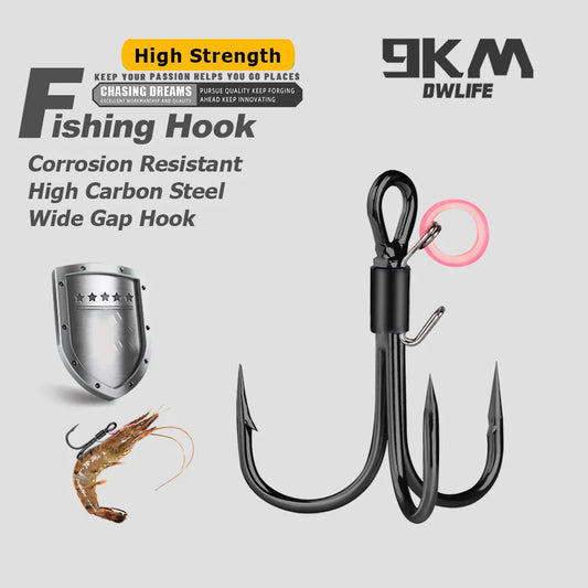 10PCS Black Treble Hooks with Bait Holder Ring High Carbon Steel