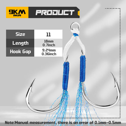 Fishing Assist Hook 10-20pcs Double Pair Barbed Hook with Blue Feather