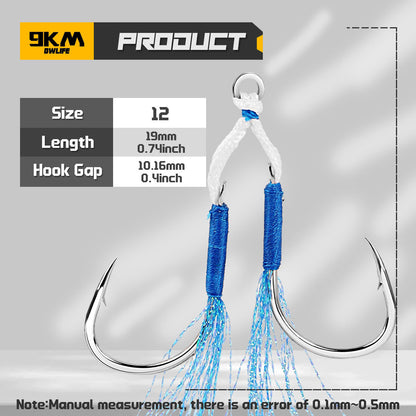 Fishing Assist Hook 10-20pcs Double Pair Barbed Hook with Blue Feather