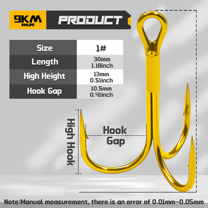 9KM Fishing Treble Hook 25pcs Gold Triple Hook Fishing Lure Replacement Hook for Saltwater 
