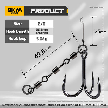 9KM Black Treble Hooks with Snap Swivels Set High Carbon Steel