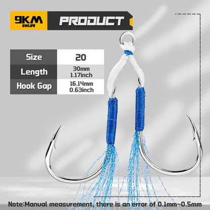 Fishing Assist Hook 10-20pcs Double Pair Barbed Hook with Blue Feather