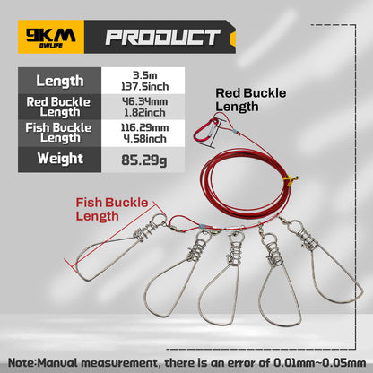 5 Clips Fishing Stringer Stainless Steel Fish Lock Red Rope Holder