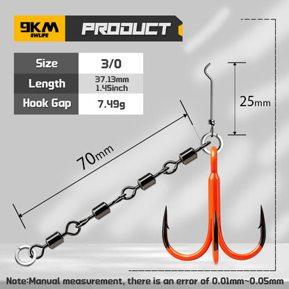 9KM Orange Treble Hooks with Snap Swivels Set