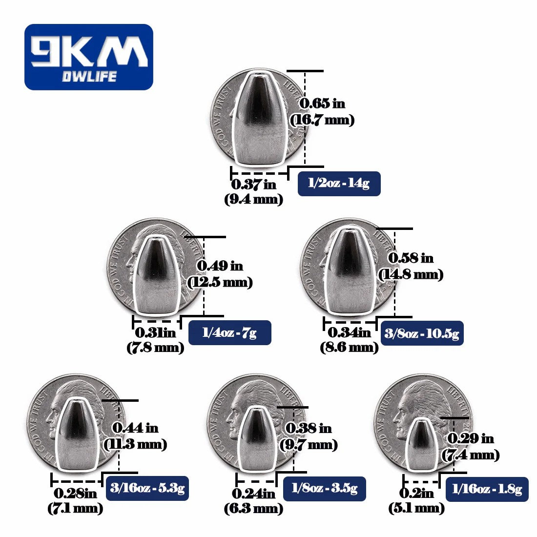 9KM Bullet Weights Fishing Sinkers 1.8~14g Fishing Weight for