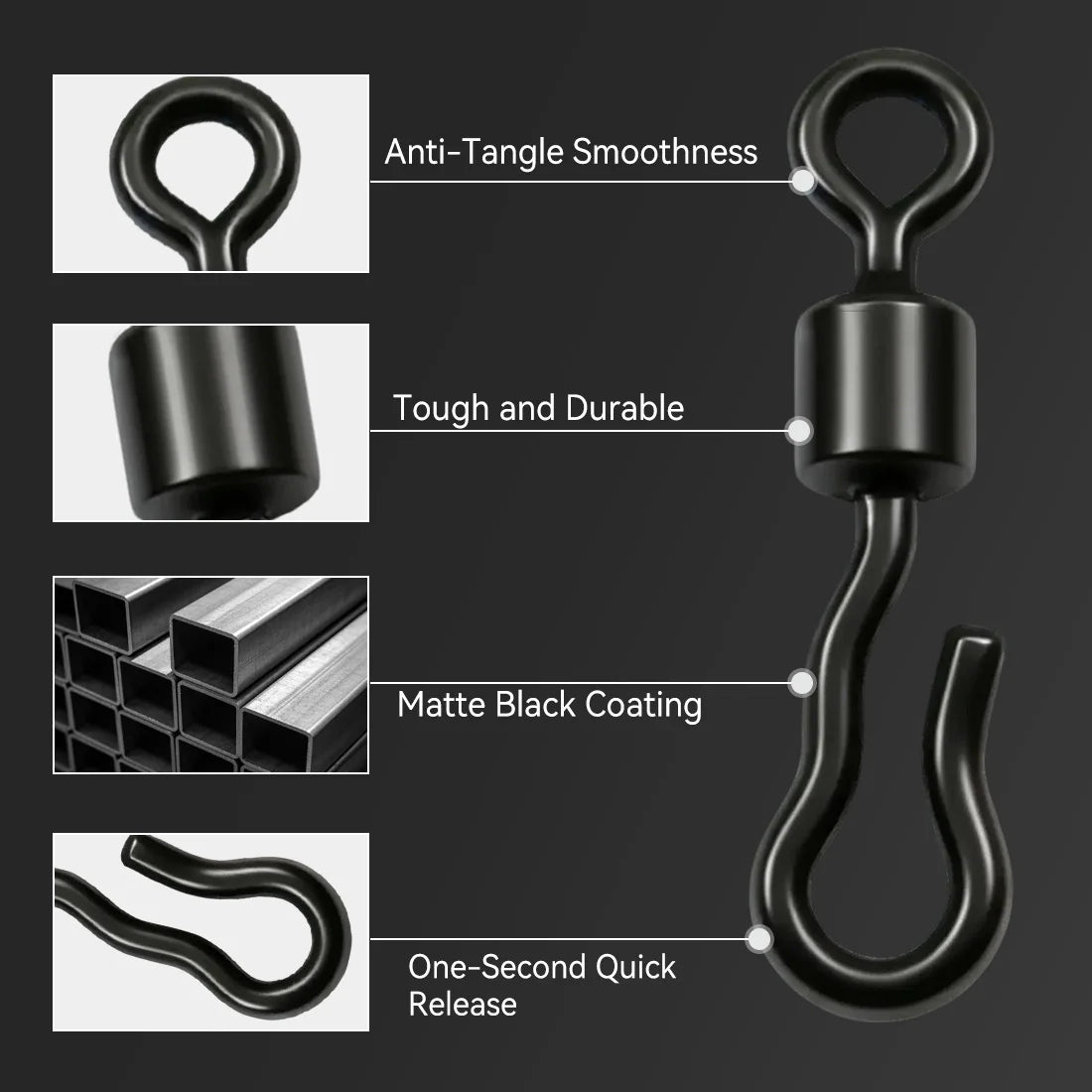50-100pcs Extended Wavy American Snap Swivel Matte Black Bearing Rolling Connector