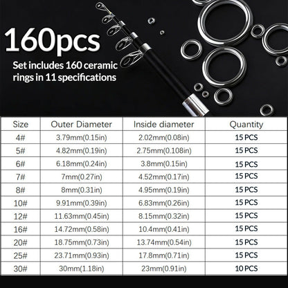 9KM Fishing Rod Eyelet Repair Kit Fishing Rod Rings Repair Kit 48-160pcs Ceramic Rings