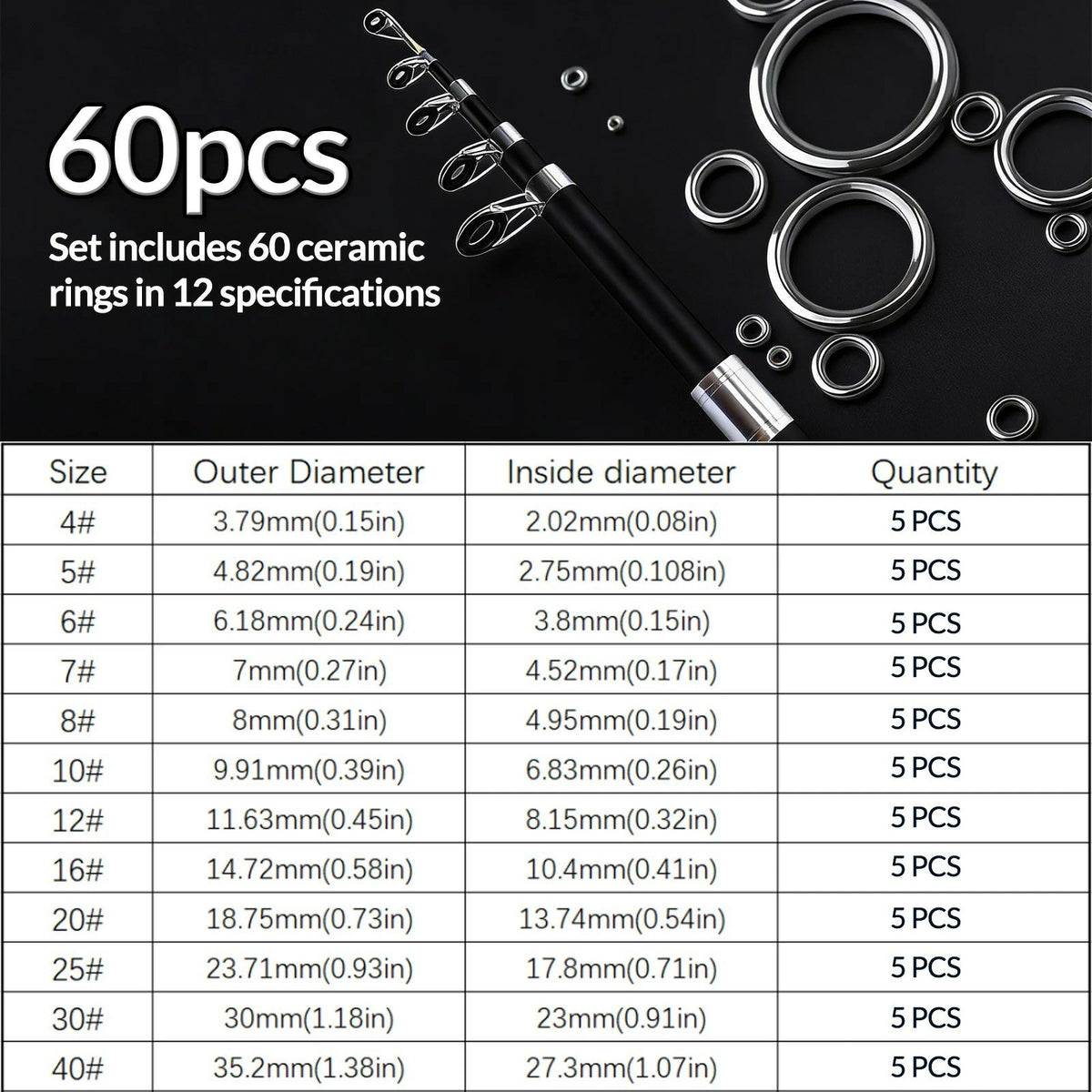 9KM Fishing Rod Eyelet Repair Kit Fishing Rod Rings Repair Kit 48-160pcs Ceramic Rings