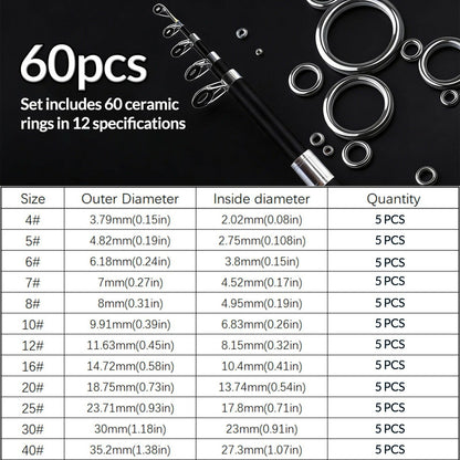 9KM Fishing Rod Eyelet Repair Kit Fishing Rod Rings Repair Kit 48-160pcs Ceramic Rings