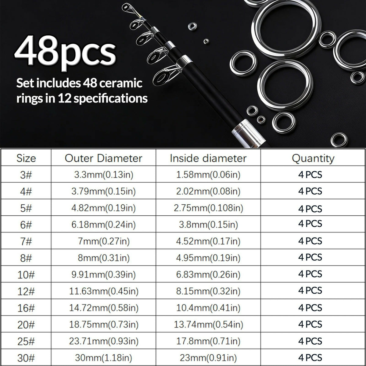 9KM Fishing Rod Eyelet Repair Kit Fishing Rod Rings Repair Kit 48-160pcs Ceramic Rings