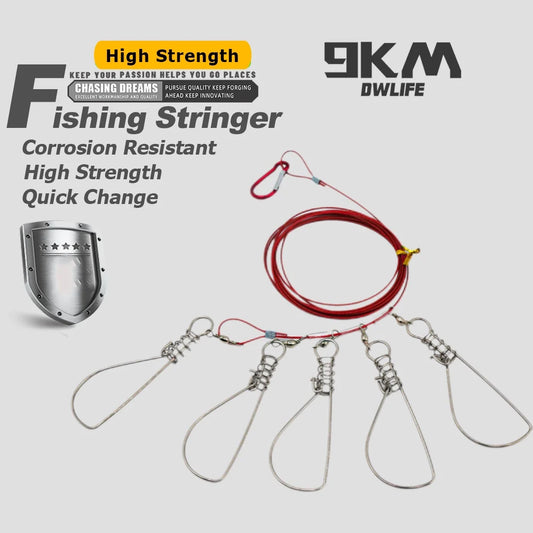 5 Clips Fishing Stringer Stainless Steel Fish Lock Red Rope Holder