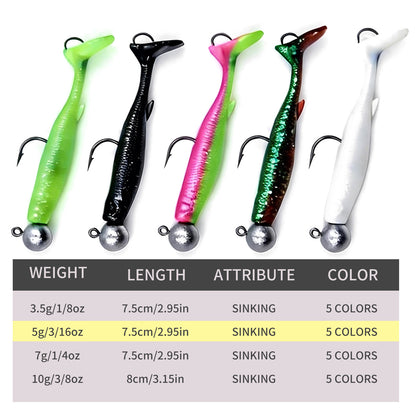 Soft Fishing Lure 5pcs/Set for Bass Fishing Paddle Tail Swim Baits Double Hooks Catfish Bait T-Tail Lures