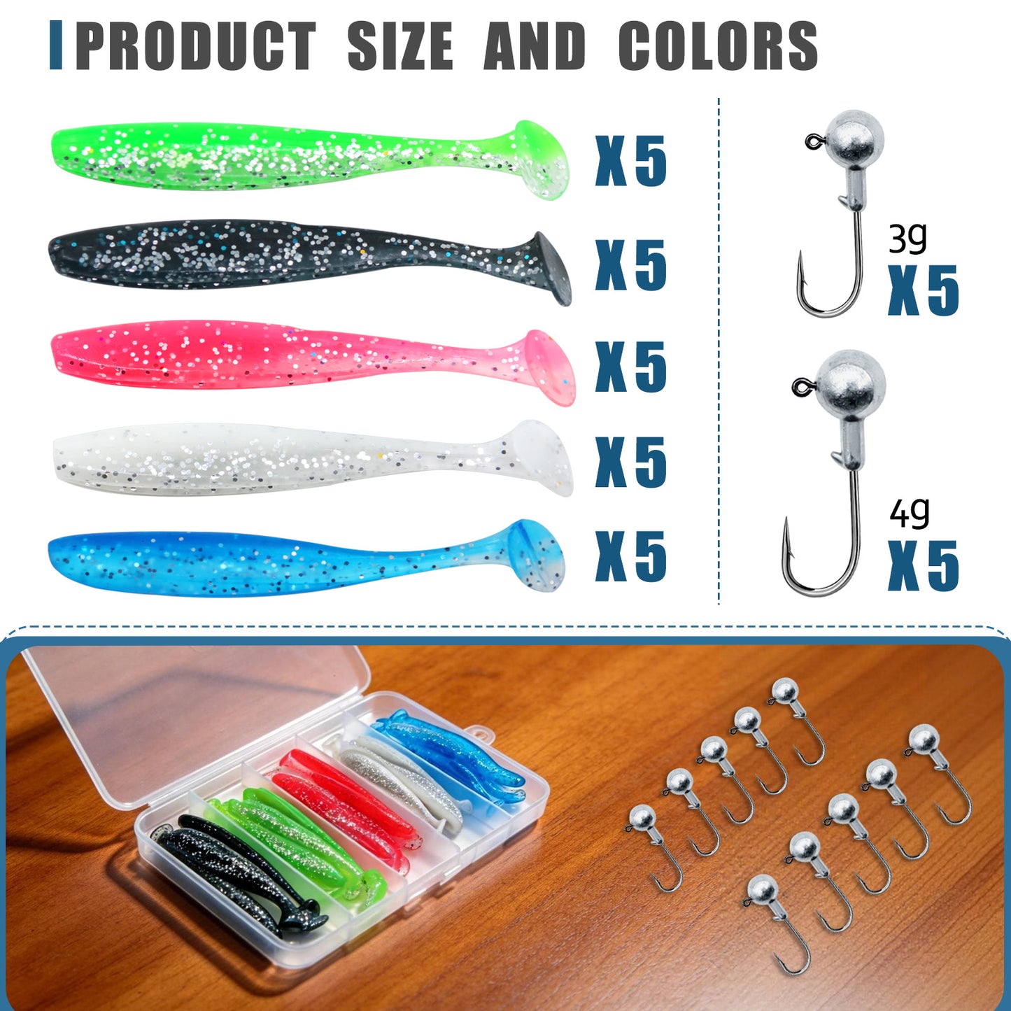 Fishing Lure Kit 35pcs Paddle Tail Swimbaits Lure with Round Jig Hook