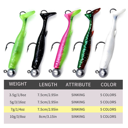 Soft Fishing Lure 5pcs/Set for Bass Fishing Paddle Tail Swim Baits Double Hooks Catfish Bait T-Tail Lures