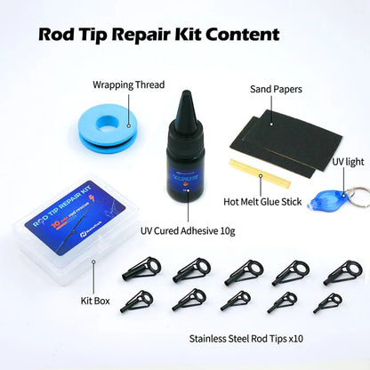 9KM 10pcs Fishing Rod Tips Repair Kit, Top Guides Replacement Kit Ceramic Ring with AB Glue Wrapping Thread Tape 