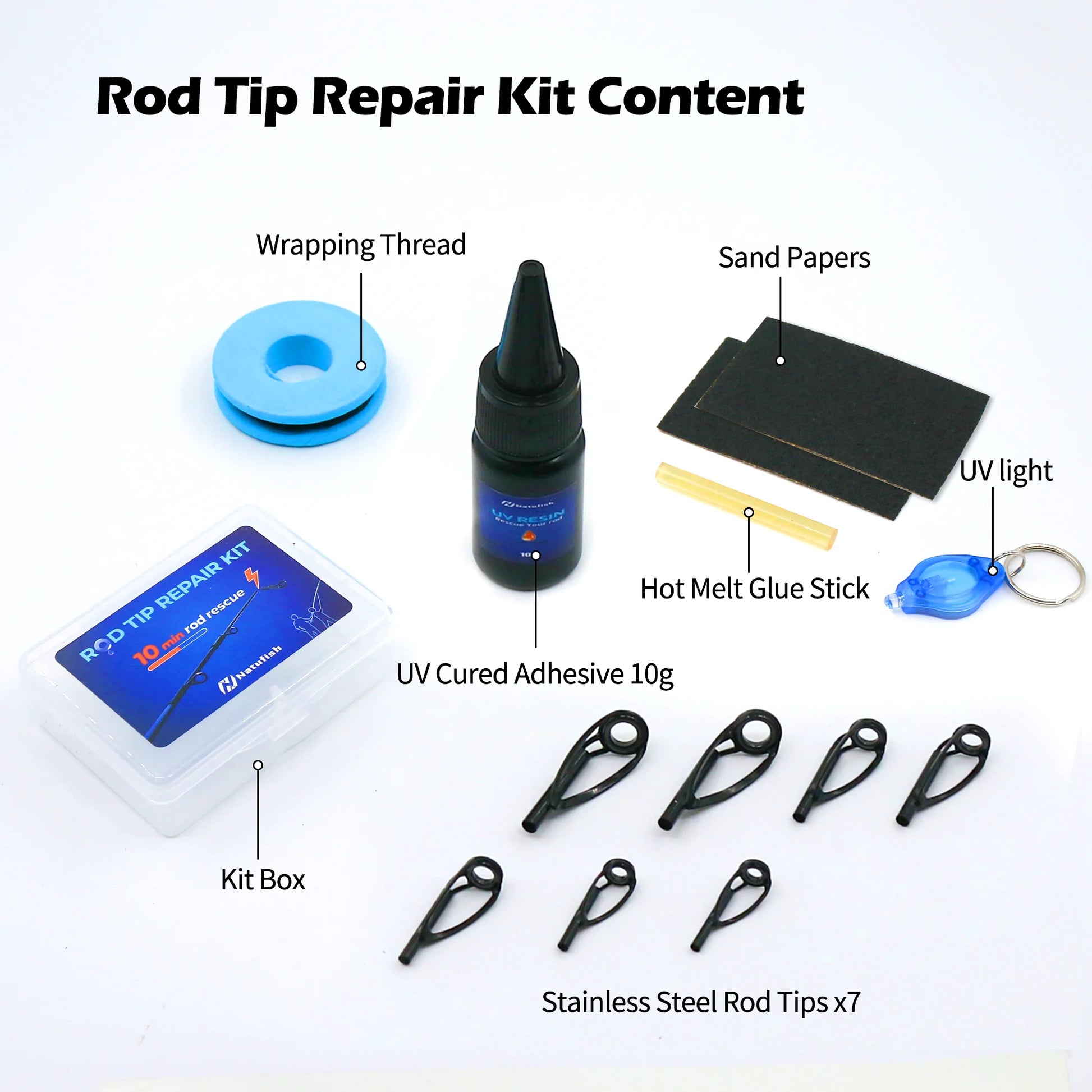 9KM 7pcs Rod Tips Repair Kit, Fishing Top Guides Replacement Kit Ring Lock Frame with AB Glue Wrapping Thread Tape
