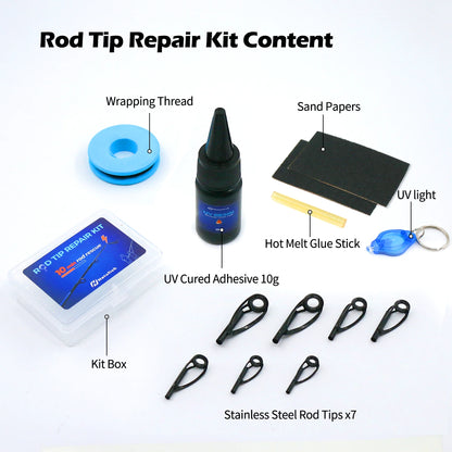 9KM 7pcs Rod Tips Repair Kit, Fishing Top Guides Replacement Kit Ring Lock Frame with AB Glue Wrapping Thread Tape
