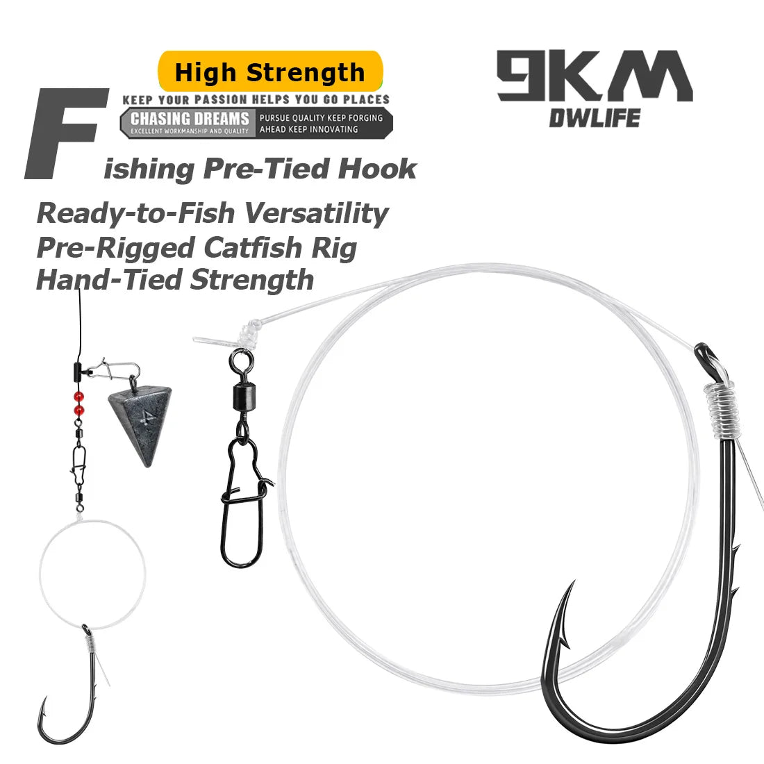 9KM Baitholder Fishing Hook Rig 10pcs Pre-Rigged Catfish Rig with Leader Line Double Barbed Long Shank Offset Hook Rig