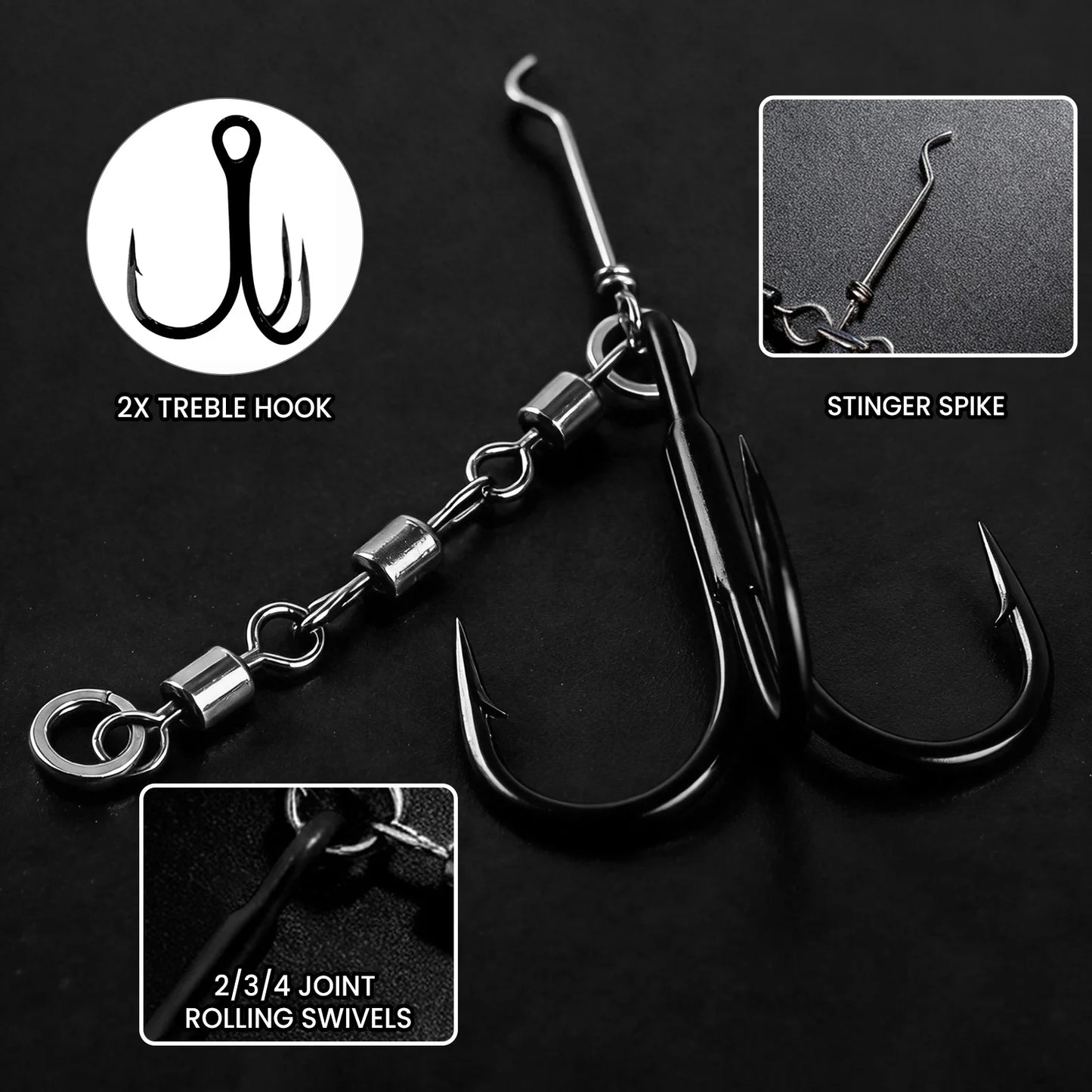 9KM Black Treble Hooks with Snap Swivels Set High Carbon Steel