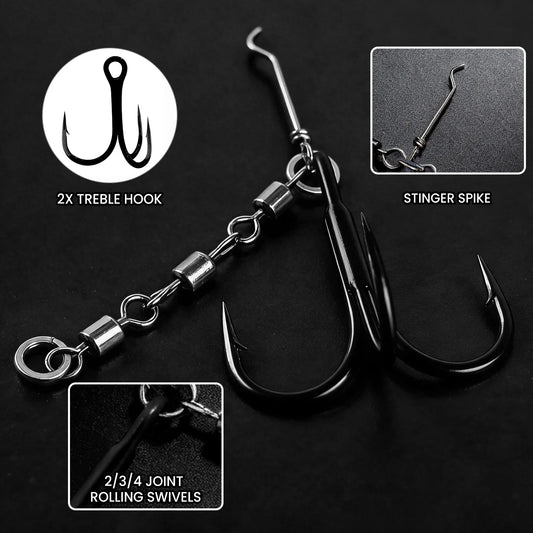 9KM Black Treble Hooks with Snap Swivels Set High Carbon Steel