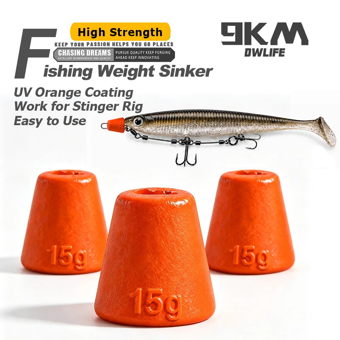 9KM Fishing Weight Sinker for Stinger Rig 1pcs UV Orange Fishing Lead Cone Shaped