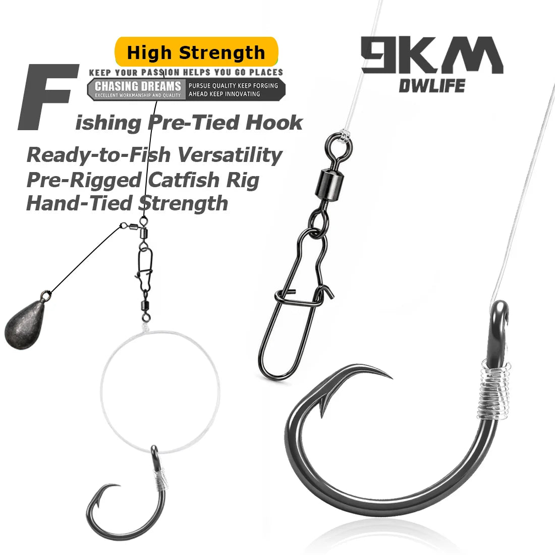 9KM Pre-Tied Inline Circle Hook 5-10pcs 4X Strong Non-Offset Fishing Hook with Leader Line for Surf Rig Saltwater