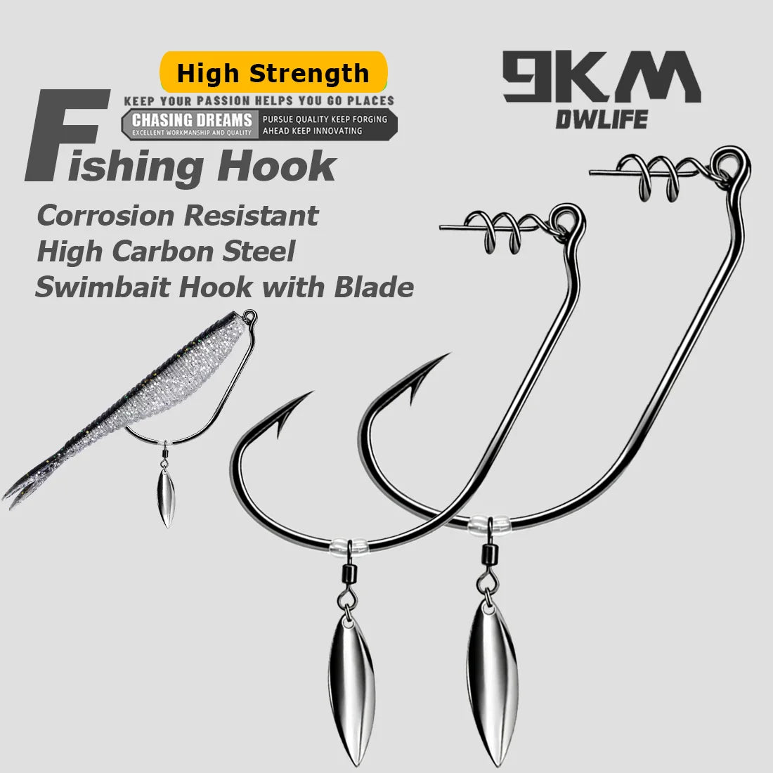 9KM Swimbait Hooks with Willow Blade 10pcs Weedless Twist Lock Bait Stopper Worm Hook
