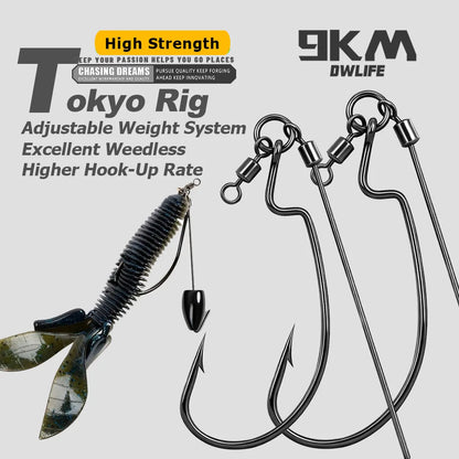 9KM Tokyo Rig 10pcs Fishing Hooks Weedless Bass Rig for Soft Plastic Worm Craw Swimbait