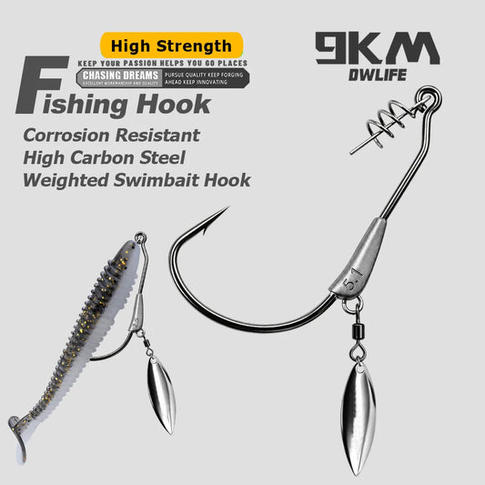 9KM Weighted Swimbait Hook with Underspin 12pcs Heavy Duty Weedless Worm Hook with Twist Lock Bass Fishing Hook