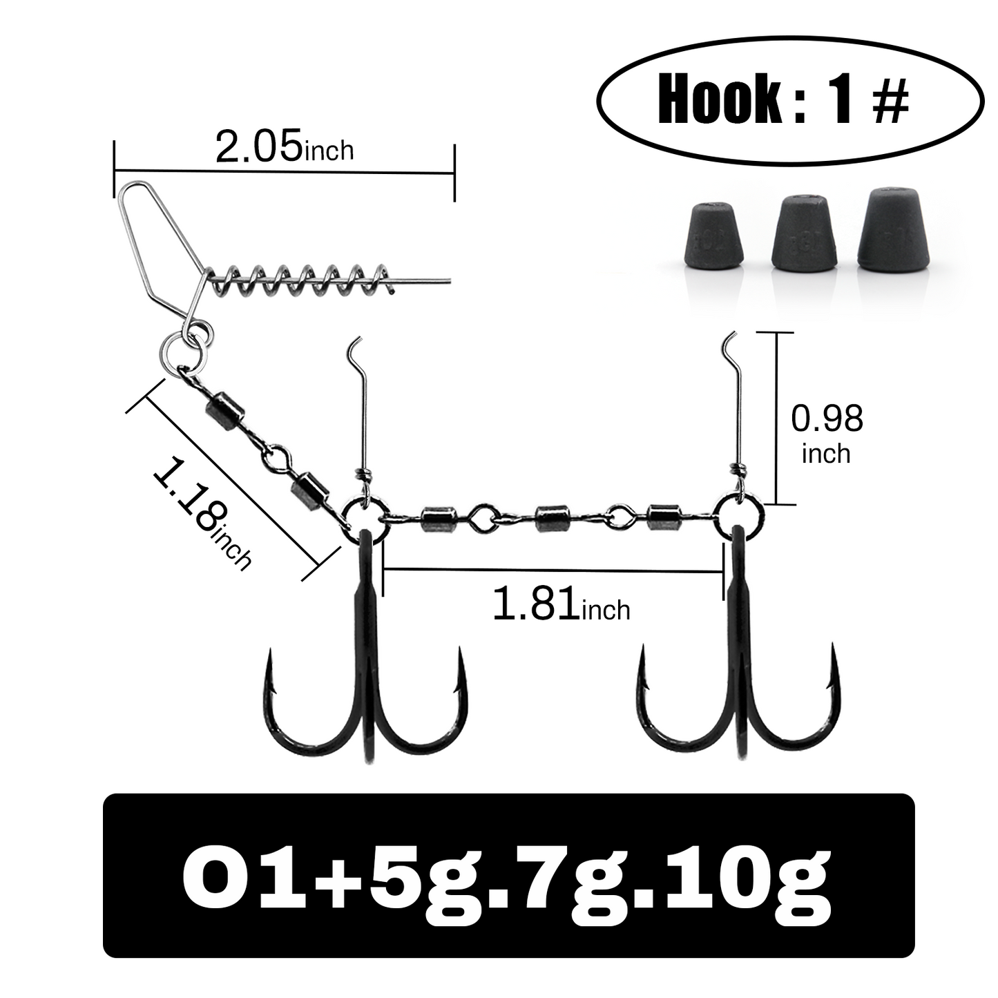 9KM Fishing Stinger Rig Treble Hook with Sinker Weight for Soft Bait Fishing Rig with Spring