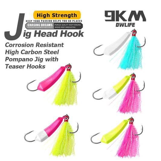 Pompano Jig with Teaser Hooks 5pcs Surf Fishing Jig Heads Saltwater Stand-Up Banana Shape Swimbait Jigs