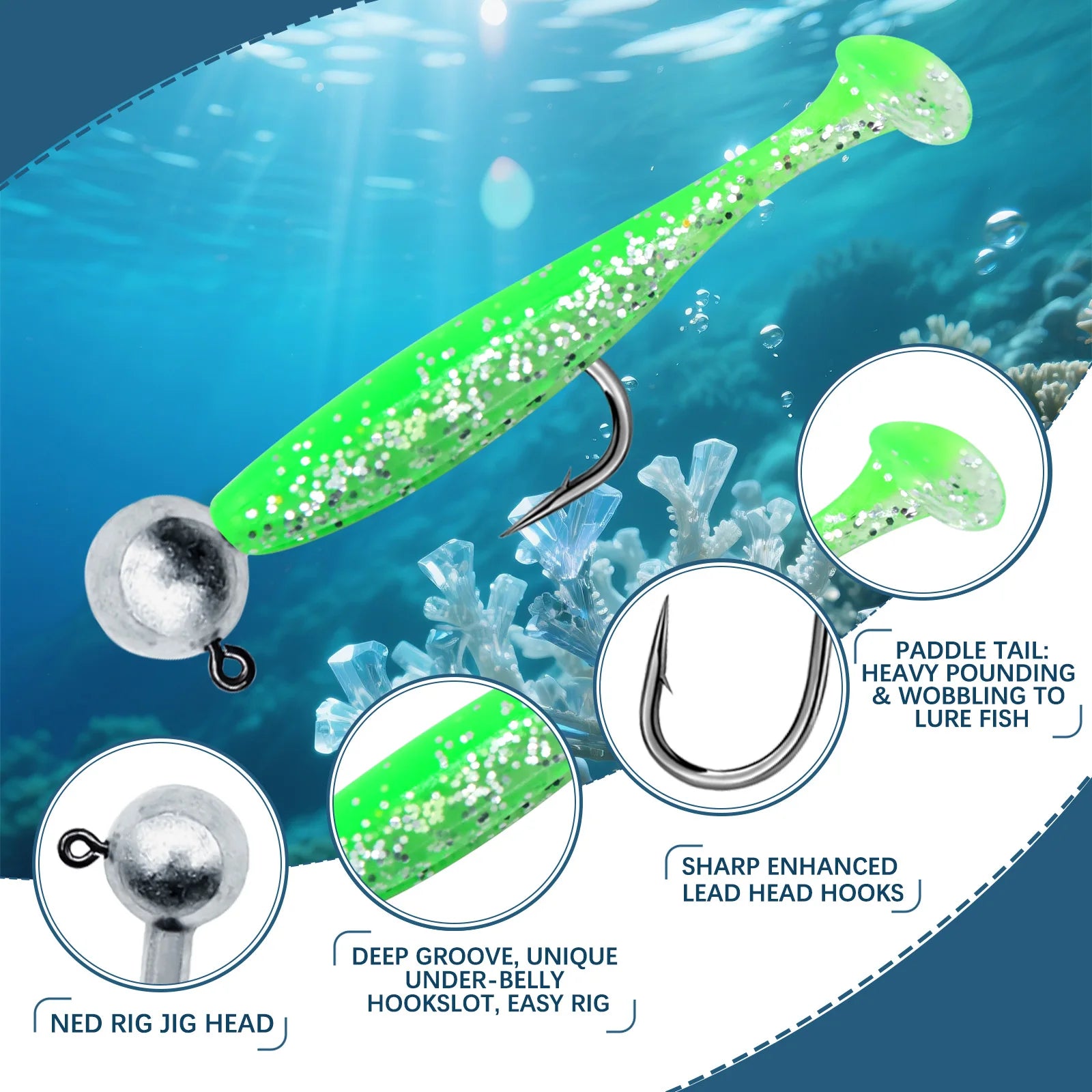 Fishing Lure Kit 35pcs Paddle Tail Swimbaits Lure with Round Jig Hook