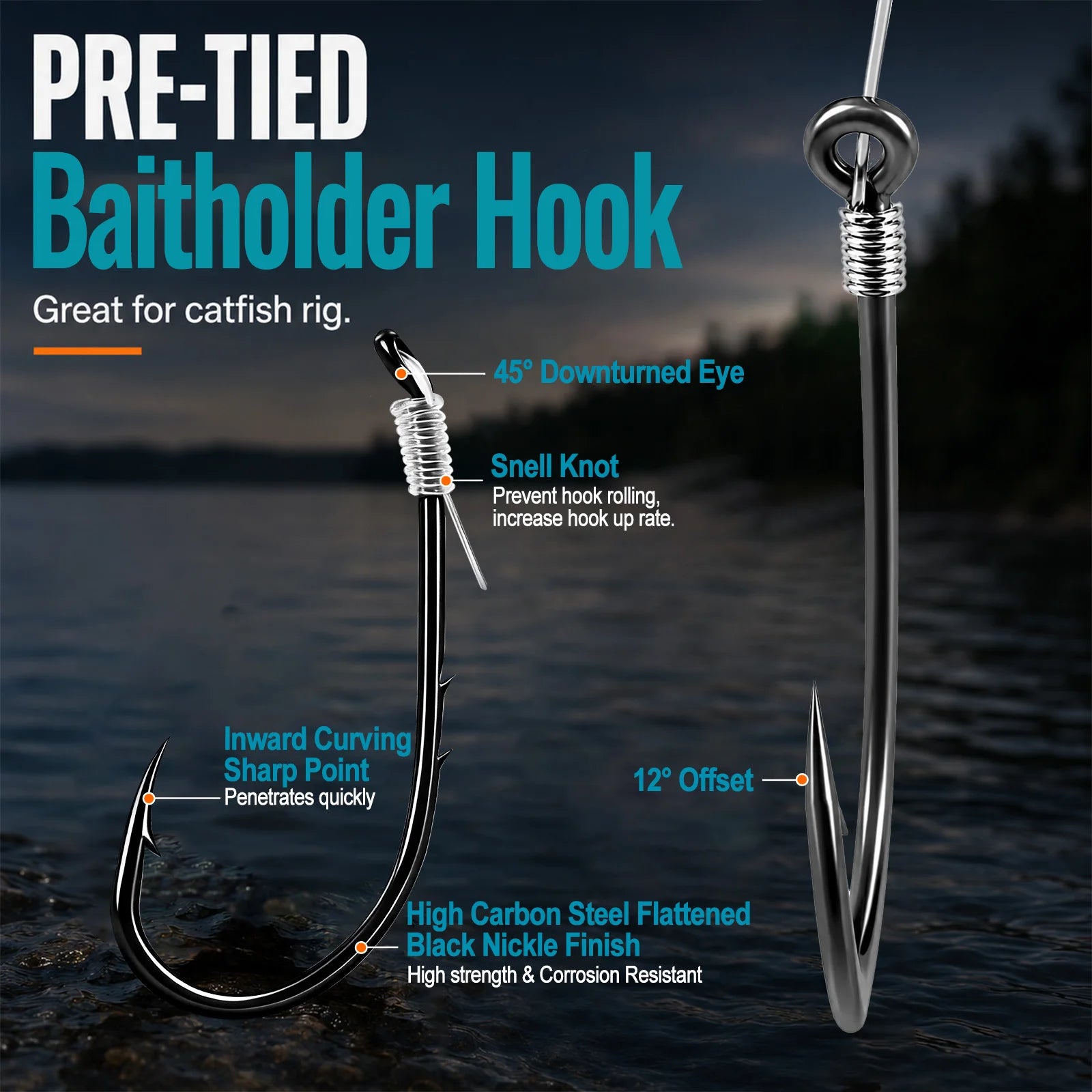 9KM Baitholder Fishing Hook Rig 10pcs Pre-Rigged Catfish Rig with Leader Line Double Barbed Long Shank Offset Hook Rig
