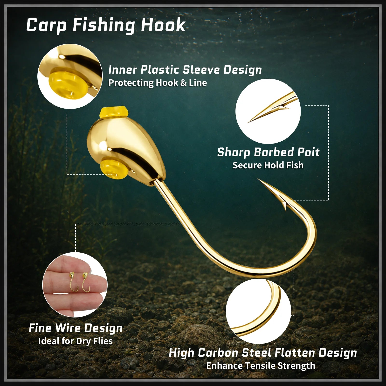 9KM Gold Overturned Hooks 10pcs Jig Lead Head Fishing Hooks Carp Fishing Hook
