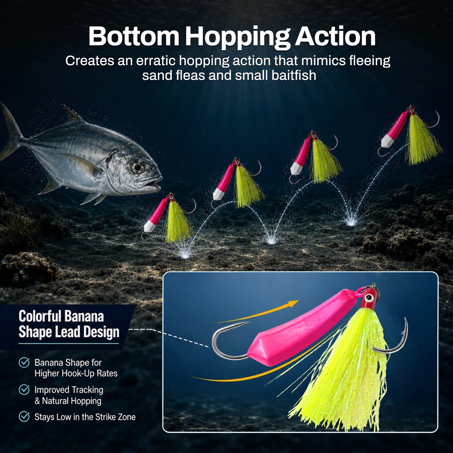 Pompano Jig with Teaser Hooks 5pcs Surf Fishing Jig Heads Saltwater Stand-Up Banana Shape Swimbait Jigs