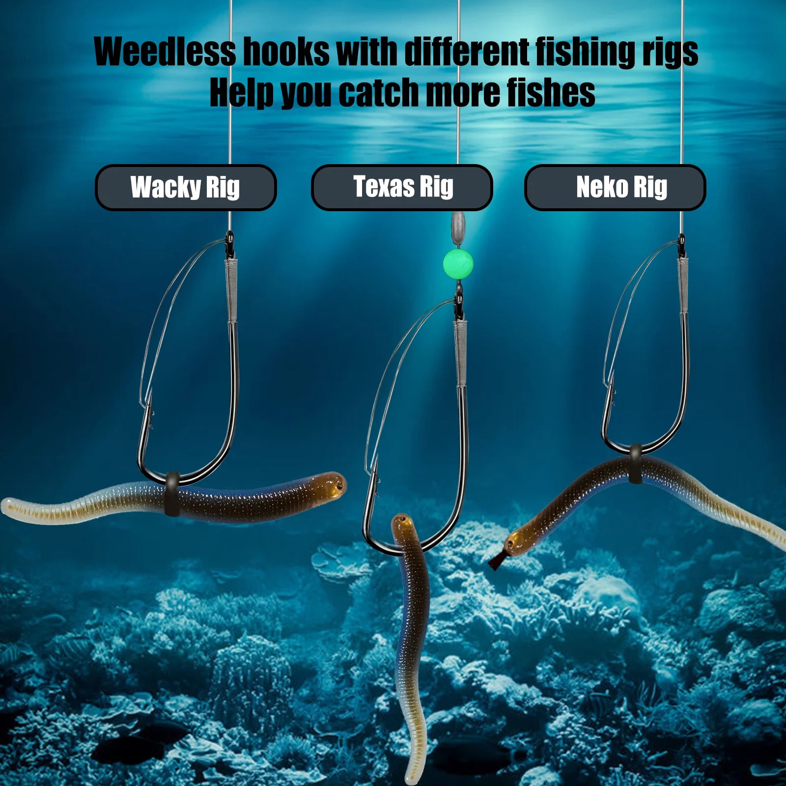 WHYHKJ 30pcs Weedless Fishing Hooks 1/0 - Carbon Steel Single Worm Hooks, Bait Holder Hooks