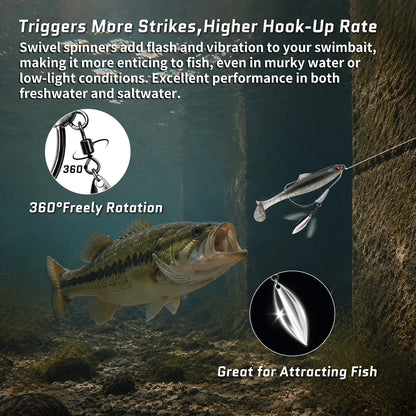 9KM Weighted Swimbait Hook with Underspin 12pcs Heavy Duty Weedless Worm Hook with Twist Lock Bass Fishing Hook