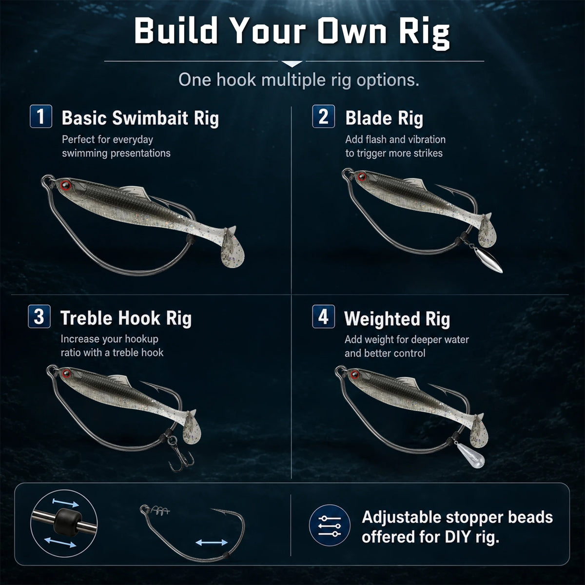 9KM Weedless Swimbait Hook 25pcs Extra Wide Gap Swimbait Hook with Bait Stopper Beads
