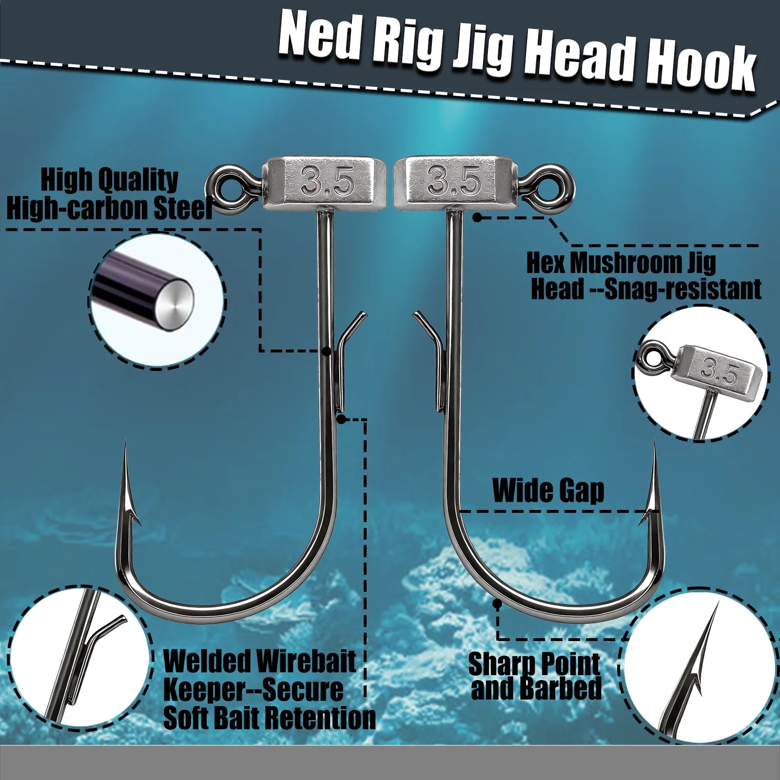 9KM Ned Rig Jig Head Hook 10-20pcs Mushroom Jig Hooks with Welded Wire Bait Keeper